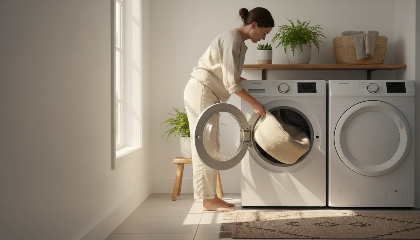 Person loading a medium-sized, neutral-colored pet bed into a white front-loading washing machine in a bright, clean laundry room.
