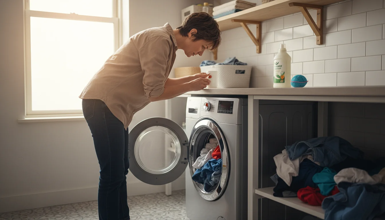 A person loads a full front-loading washing machine with clothes in a bright, organized laundry room.