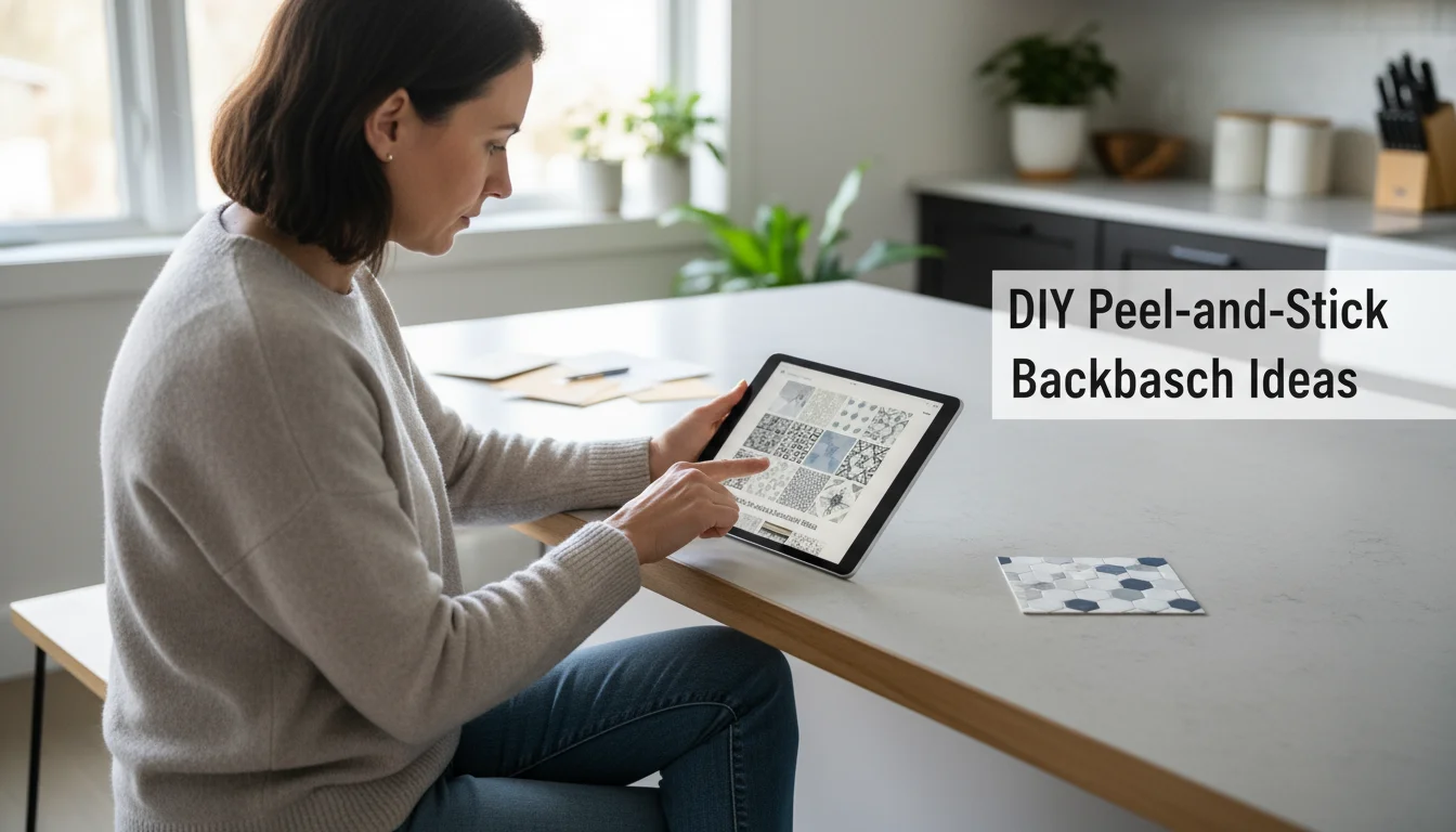 A person looks at a tablet with DIY backsplash ideas, a small tile sample nearby, in a bright, cozy kitchen.