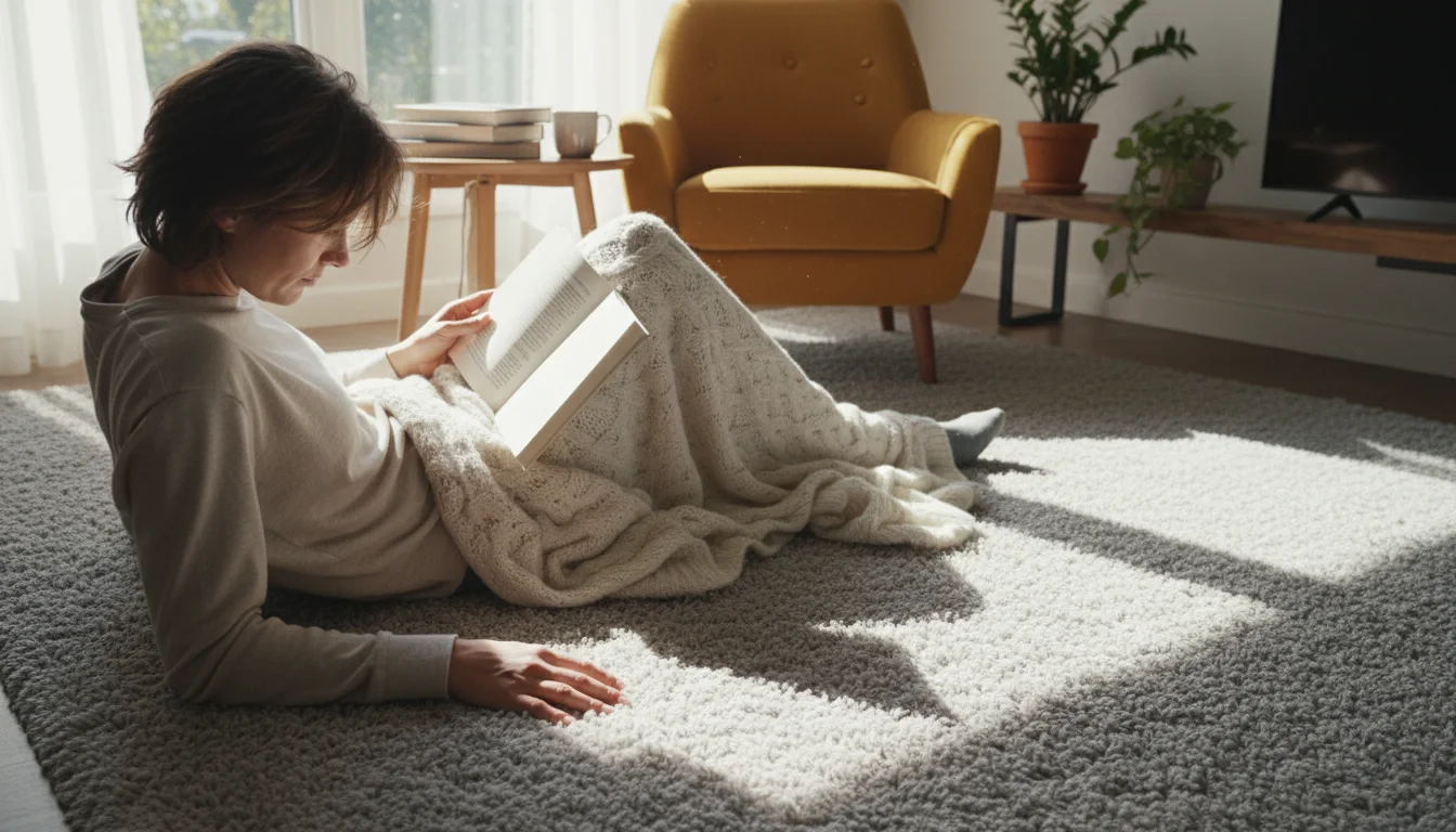 A person lounges comfortably on a plush, light grey carpet, reading a book in a sunlit living room.