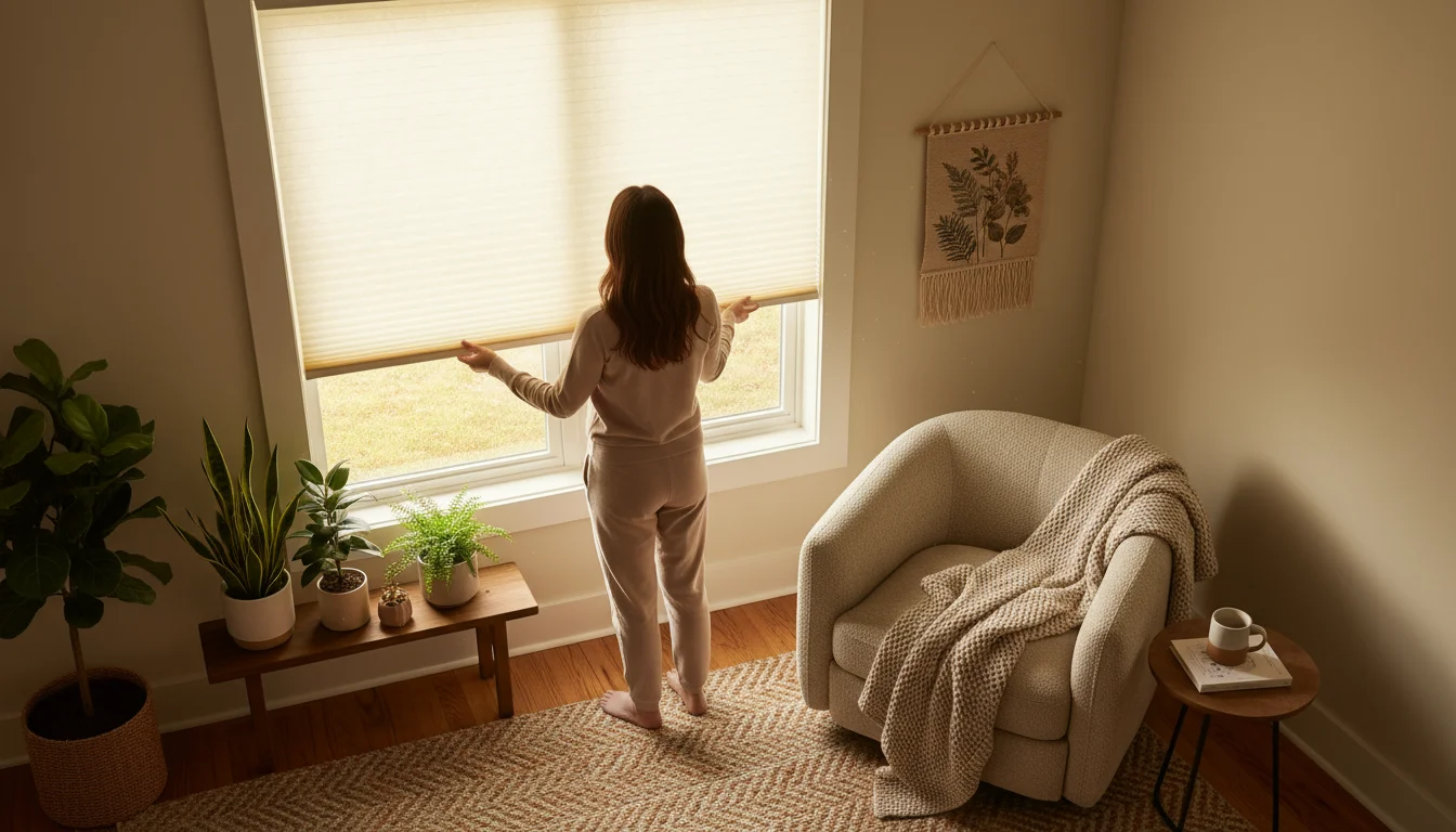 Person in loungewear pulling down a honeycomb cellular blind on a sunlit window, a cozy living room corner.