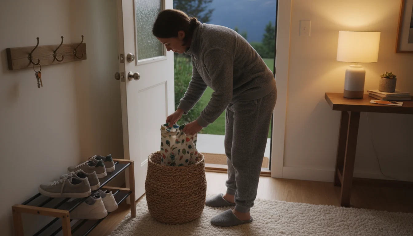 Person in loungewear tidying a warm, organized entryway at dusk, placing a bag into a basket near a shoe rack and key hooks.