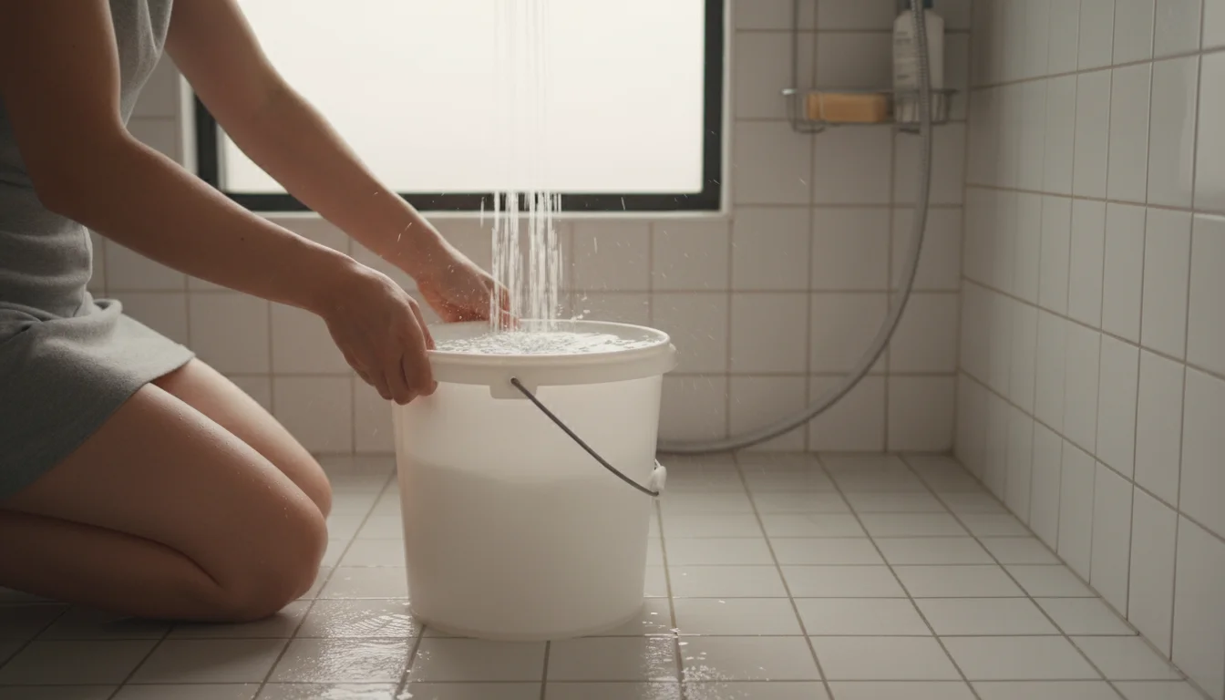 Person's lower legs and arm placing a bucket under a running shower to collect water for reuse in a tiled bathroom.