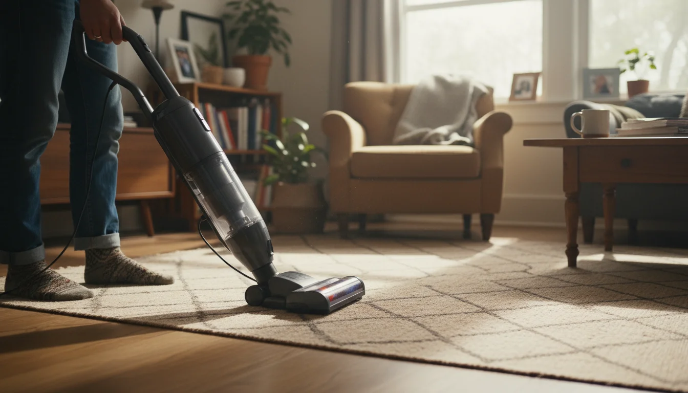 Person's lower legs and hand guiding a modern stick vacuum over a patterned area rug in a sunlit living room.
