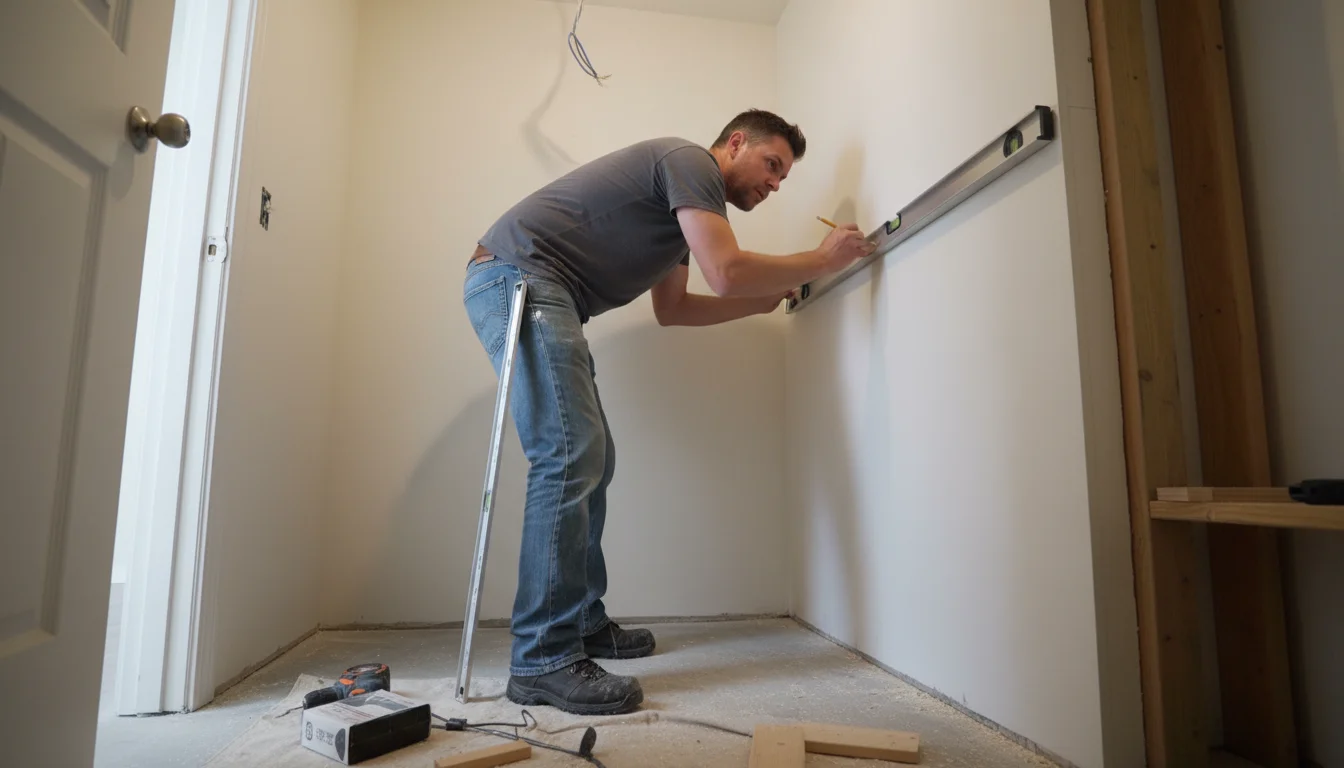 Person carefully marking precise lines on an unfinished closet wall with a long level and pencil, preparing for a custom build.