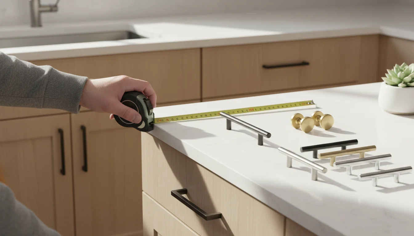 Person measures existing cabinet pull's screw holes with a tape measure, new hardware options like matte black pulls and brass knobs on counter.