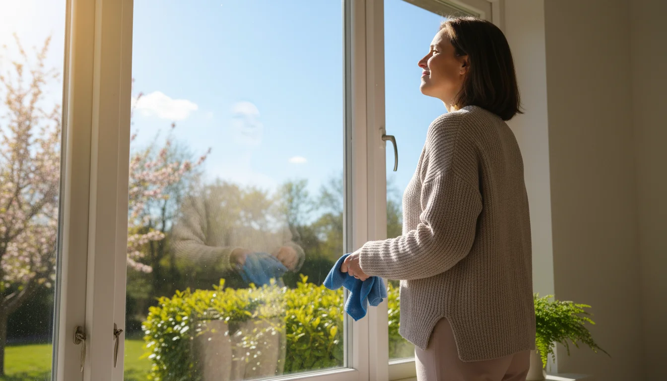 Person (mid-30s) admires a sparkling clean window, bathed in natural sunlight, with a vibrant outdoor view.