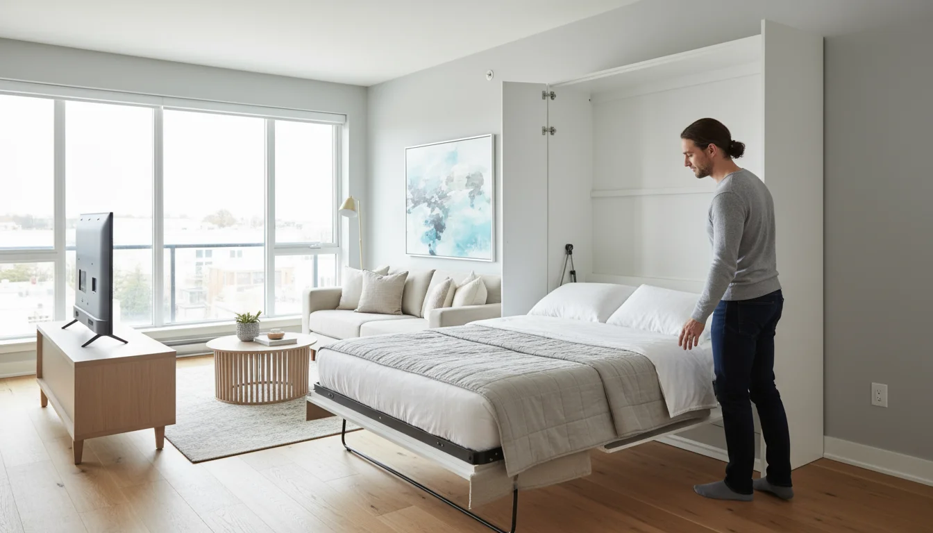 A person in a modern apartment lowers a sleek white cabinet murphy bed, revealing the mattress and part of the folding mechanism.