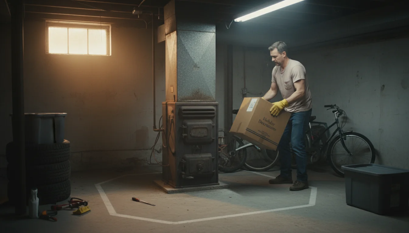Person moving a dusty cardboard box away from an older furnace in a basement utility area.