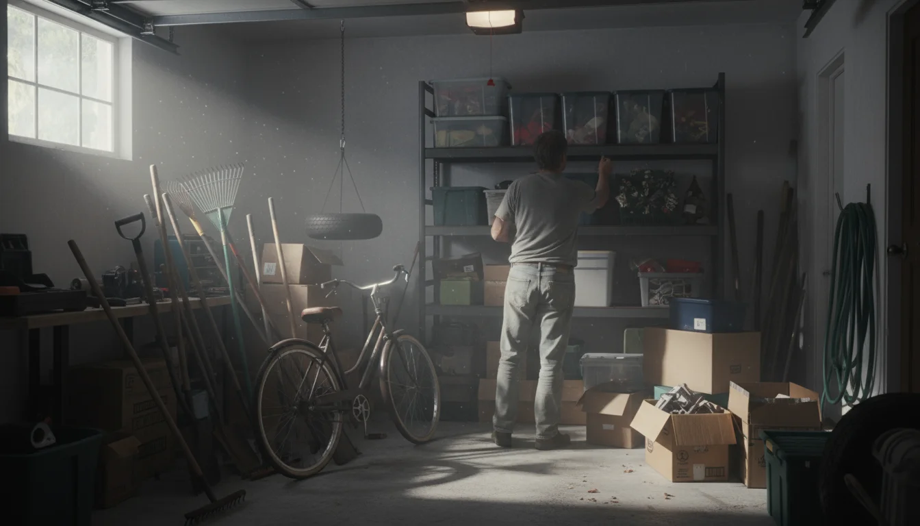 A person carefully navigates a cluttered garage filled with scattered boxes, garden tools, and a bicycle, with sunlight highlighting dust.