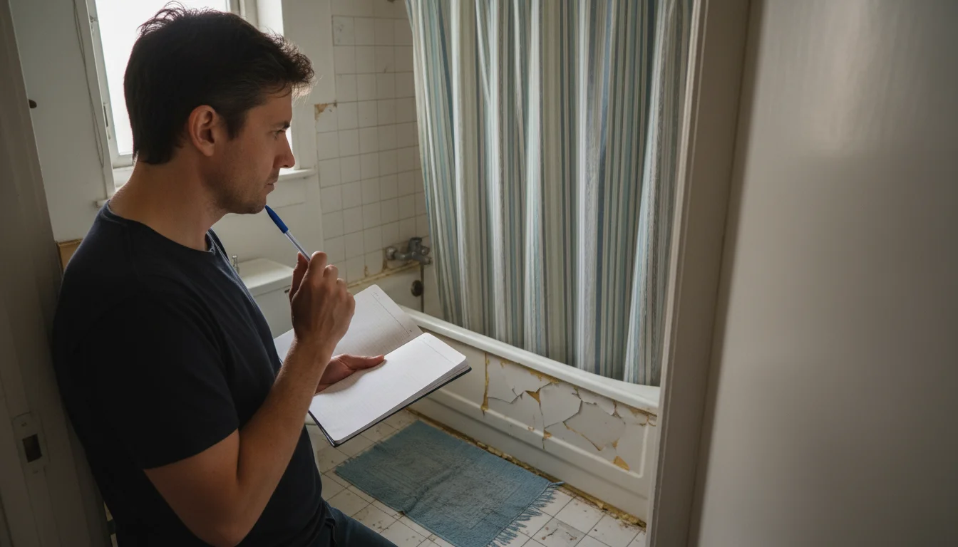 A person with a notepad thoughtfully assesses a dated bathroom shower with a faded curtain, chipped tiles, and old caulk.