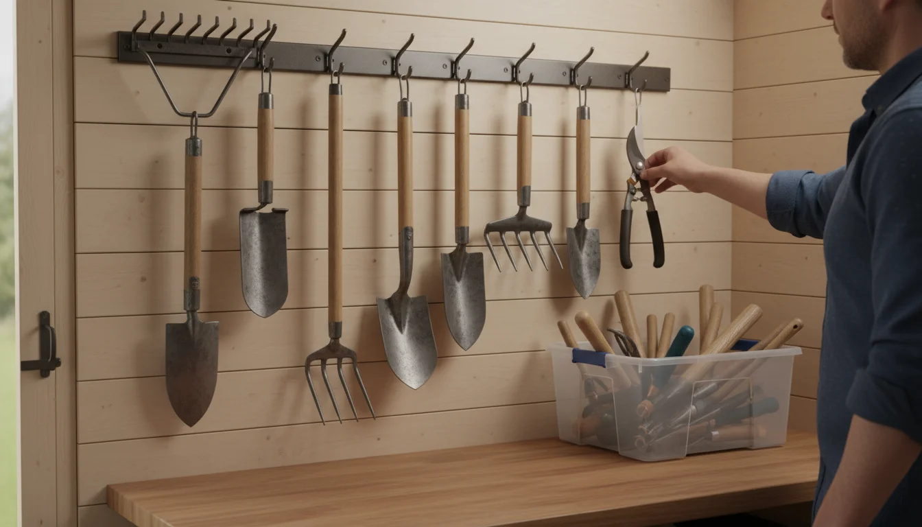 A person organizes cleaned garden tools, including a rake and spade, hanging neatly on hooks on a wooden slat wall in a tidy shed. A clear bin with sm