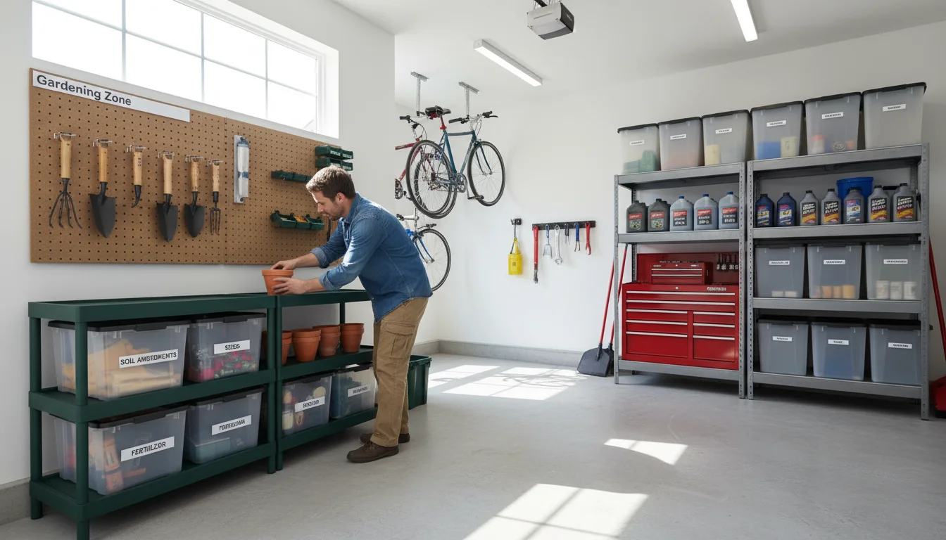 Wide shot of a person organizing a garage, showing distinct 'Gardening,' 'Automotive,' and 'Tool' zones with clear shelving and pegboard systems.