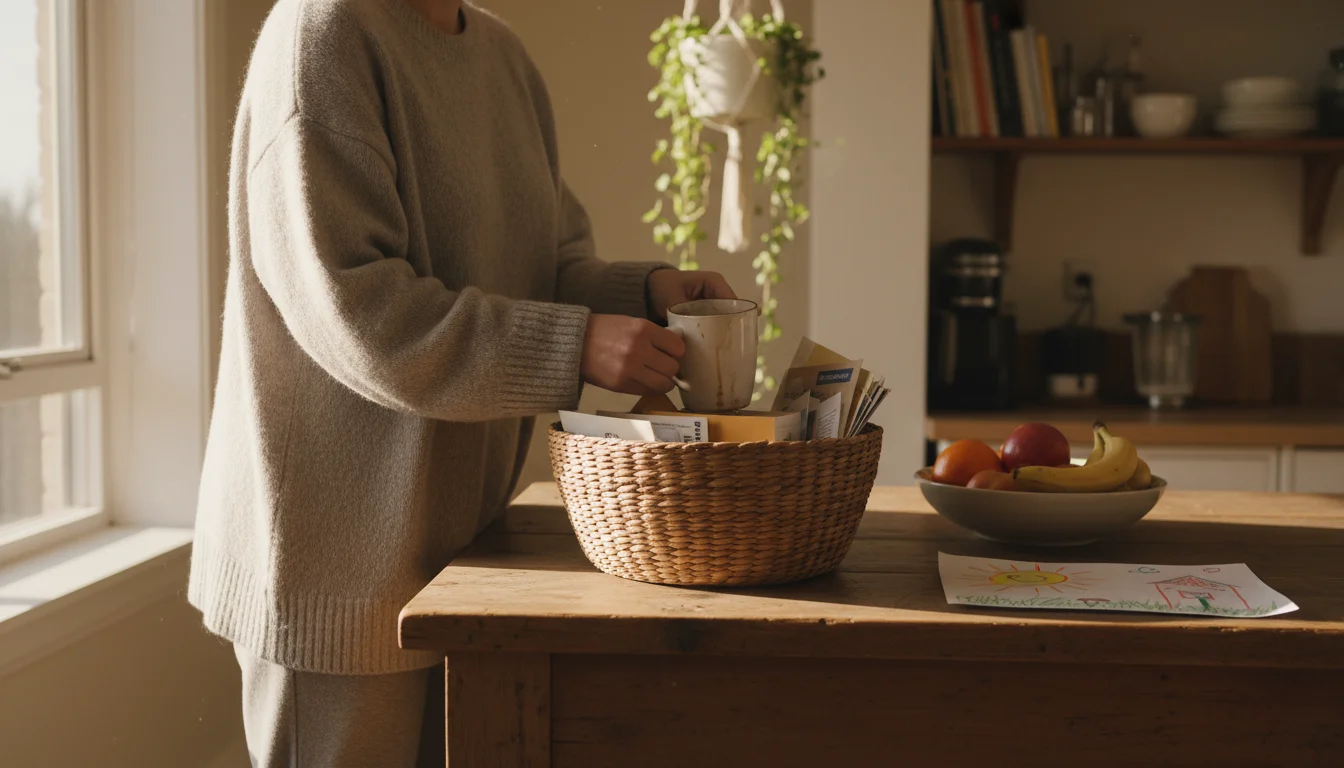 Person organizing mail and a coffee mug into a woven basket on a rustic wooden kitchen island, illuminated by soft natural light.