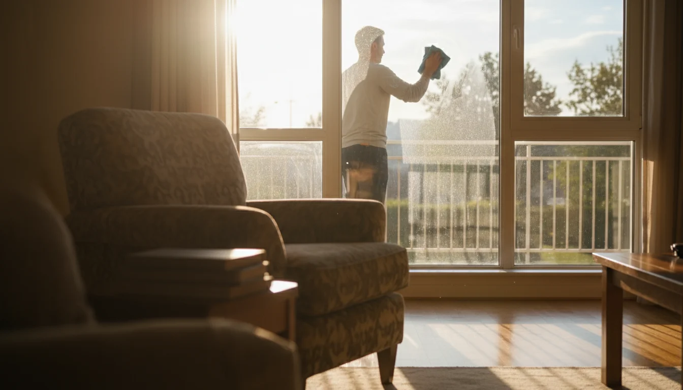 Person outside a window, actively scrubbing a dirty pane with a damp microfiber cloth; sunlight illuminates a cozy living room indoors.
