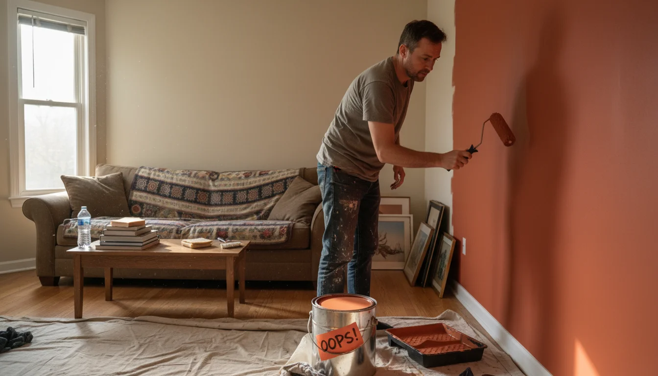 Person painting a warm accent wall in a living room; a discount 'oops' paint can is visible on the floor.