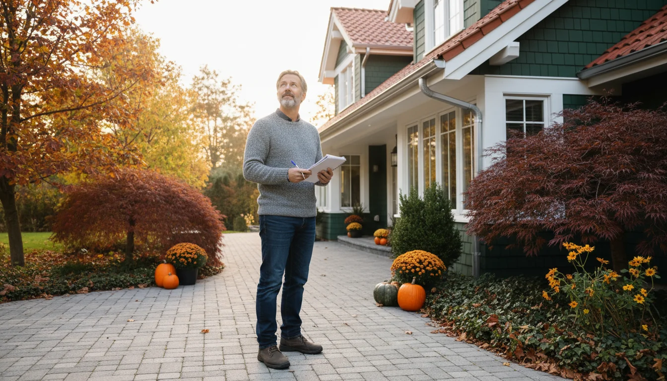 A person on a patio looks up at a clean house gutter, holding an open notebook, ready for seasonal home maintenance.