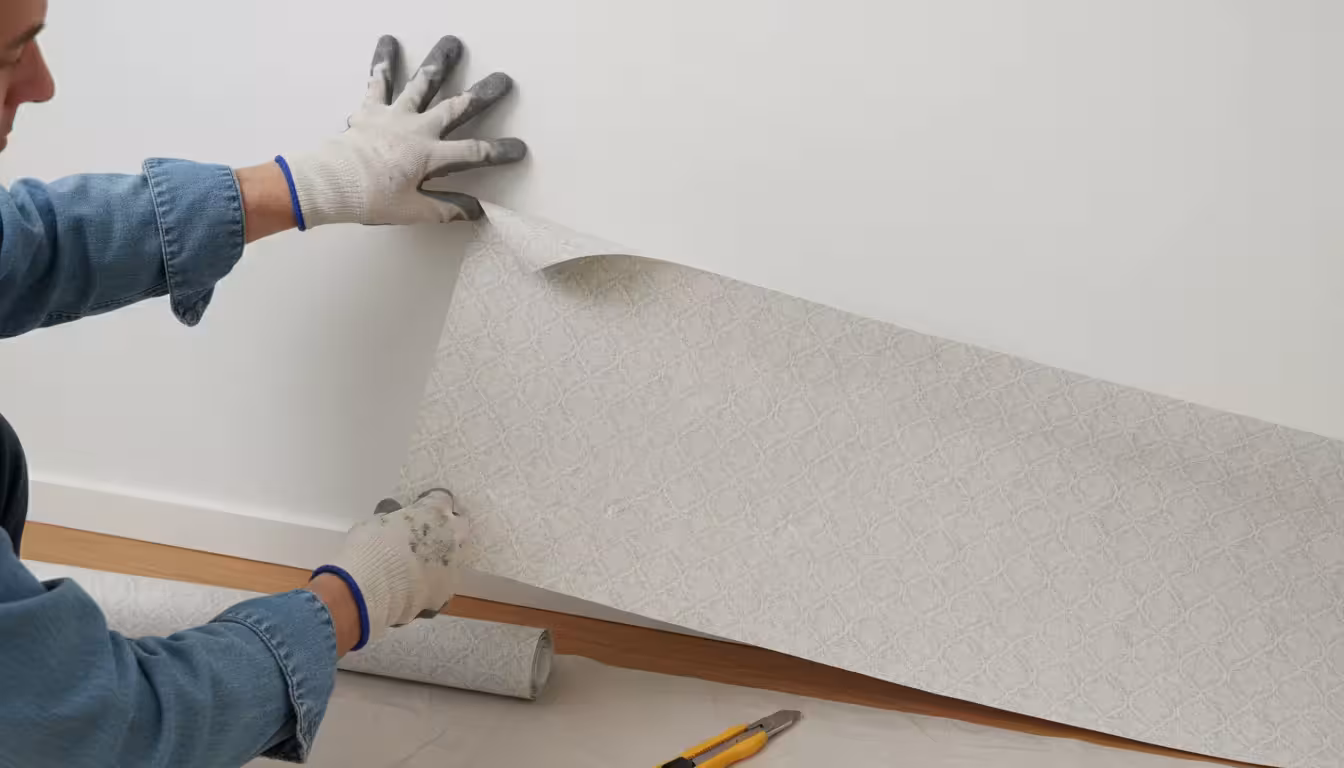 Person carefully peeling back a slightly crooked removable wallpaper strip, a level nearby for correction.