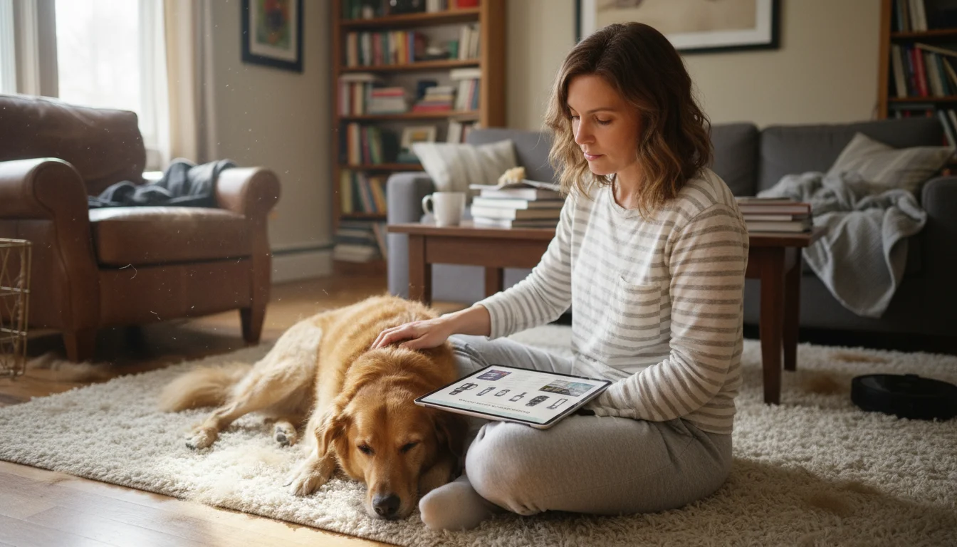 Person petting a sleepy dog on a rug while looking at a vacuum comparison on a tablet, with hardwood floor visible.