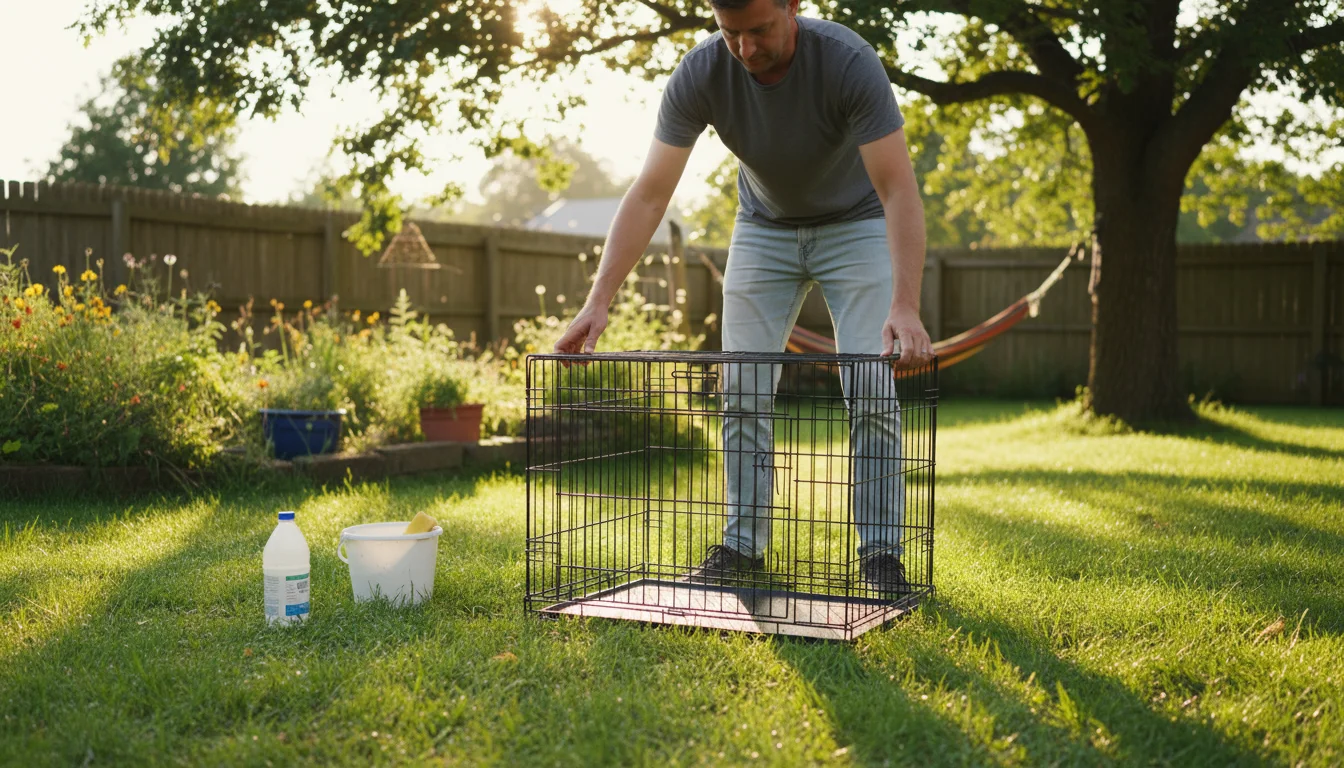 A person places a clean wire dog crate on sunny grass in a backyard. A vinegar bottle is nearby, suggesting natural cleaning.