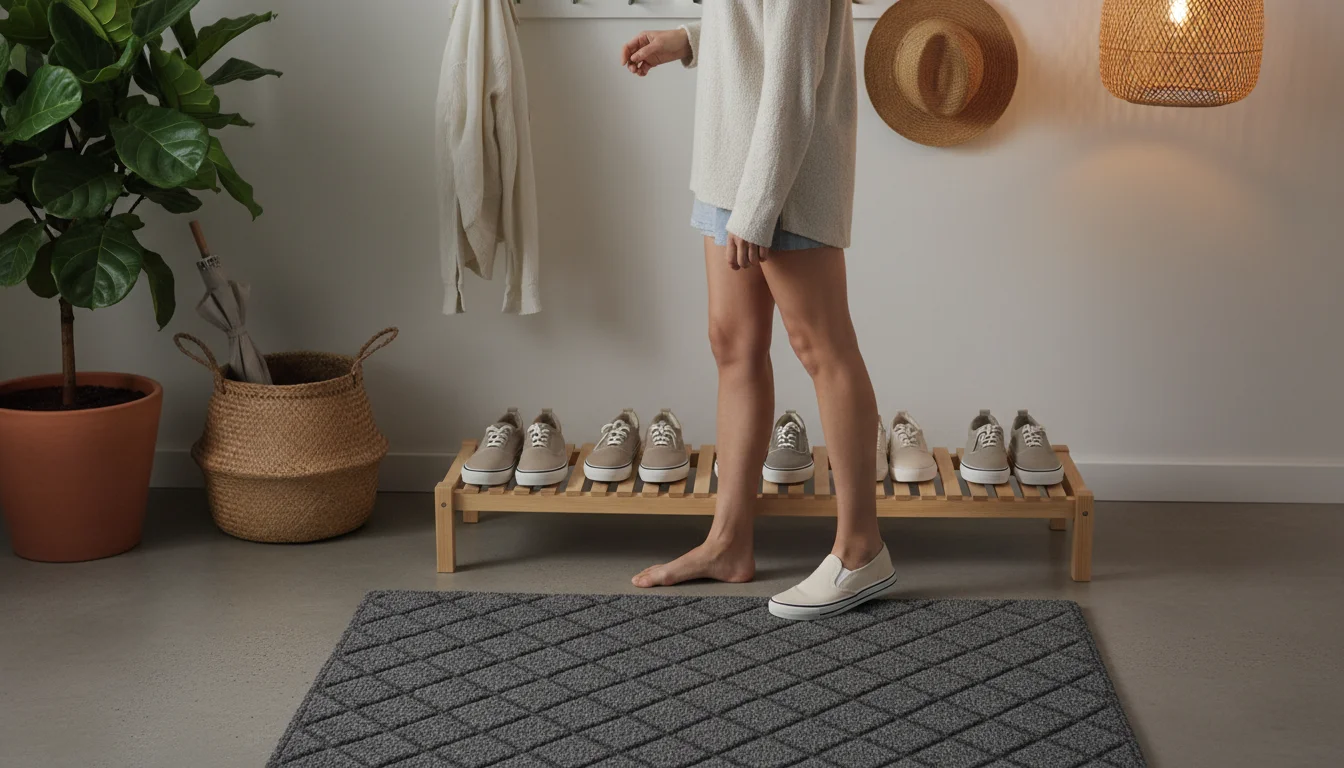 Person placing a casual sneaker onto a wooden shoe tray in a neat entryway with a textured grey doormat and cozy runner.