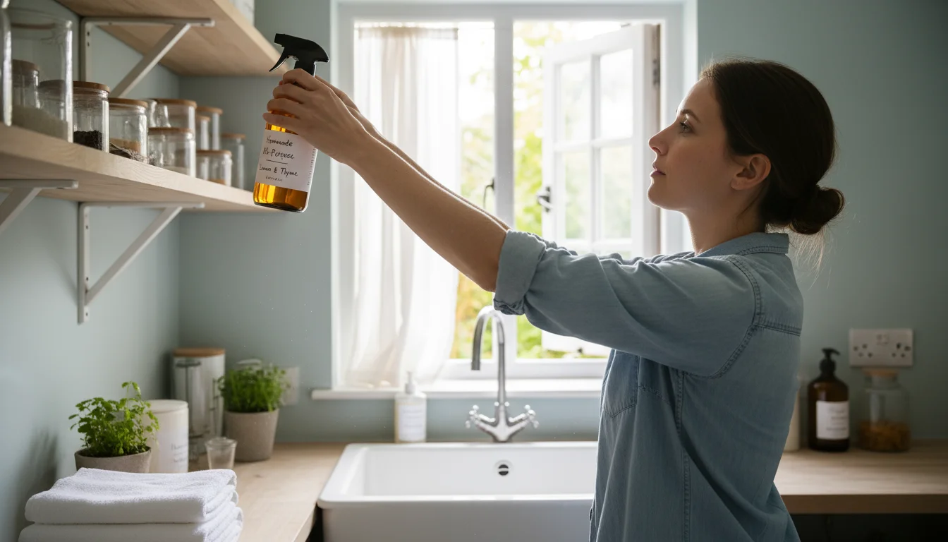 Person placing labeled natural cleaning spray bottle onto a high shelf in a bright room with an open window.