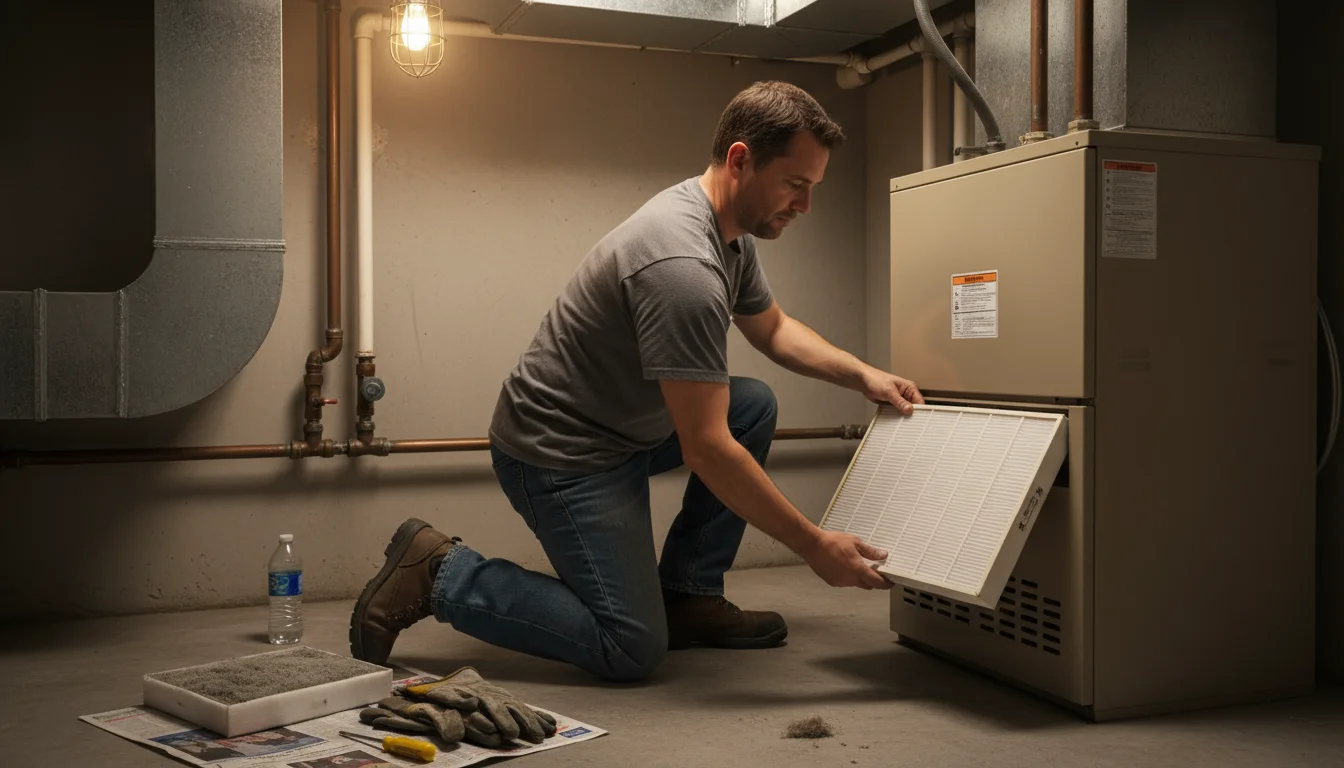 A person in practical clothes slides a new HVAC air filter into a furnace slot in a utilitarian space, with an old filter on the floor.
