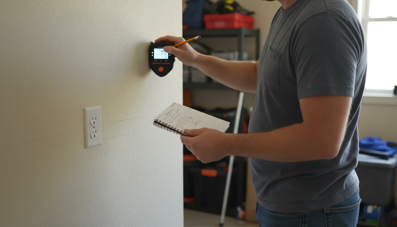 Person in practical clothes using a stud finder on a light garage wall, holding a notebook and pencil, near an electrical outlet.