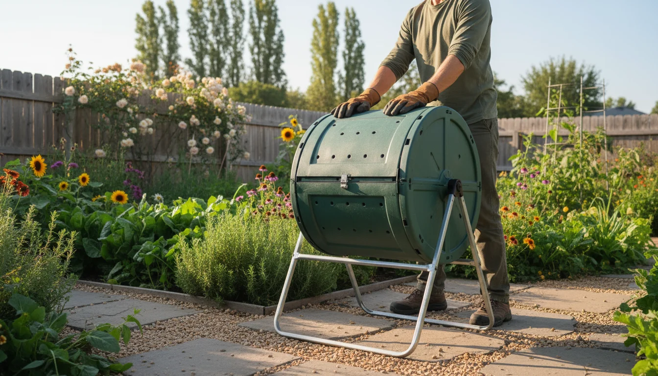 Person in practical clothing smoothly rotating a dark green compost tumbler in a sunlit, well-tended backyard garden.