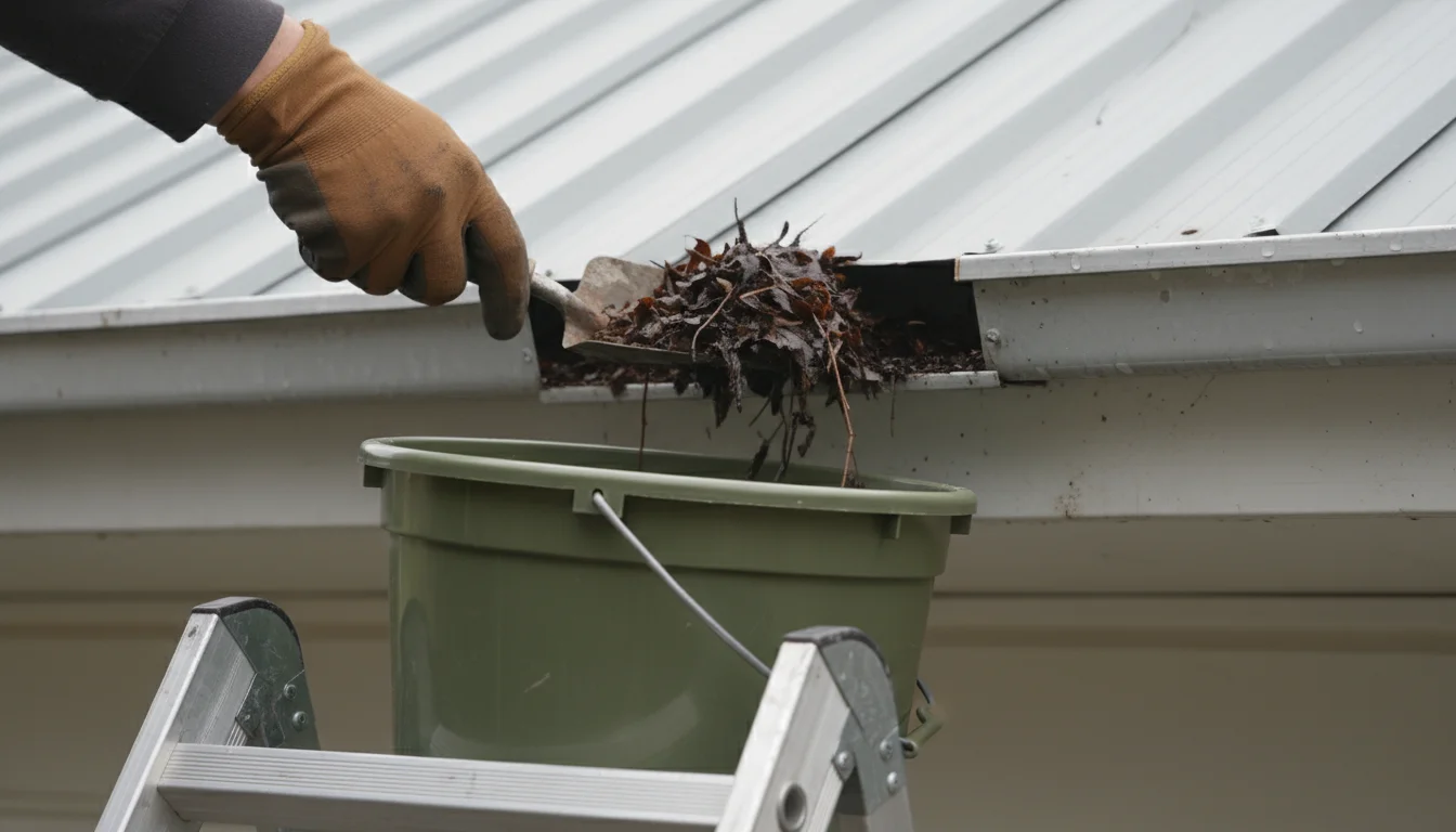 A person in practical work gloves scoops wet leaves and dark sludge from a rain gutter into a bucket, with a ladder visible.