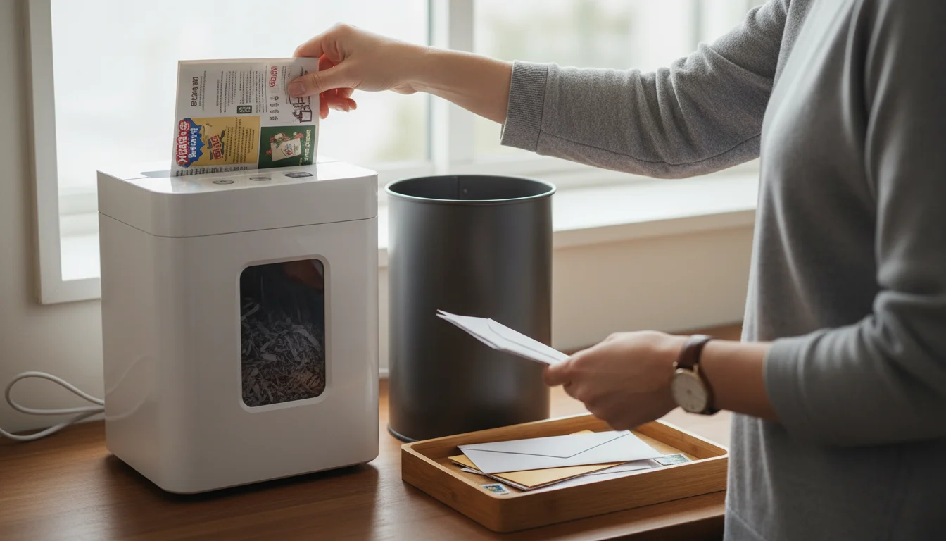 Person processing mail at a home station. Hand holds junk mail over a shredder, another drops paper into a recycling bin. Unopened mail sits in a tray