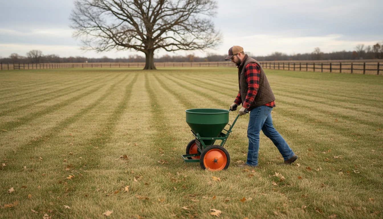 Person pushing a green rotary fertilizer spreader across a muted late-fall lawn towards a cozy suburban home.