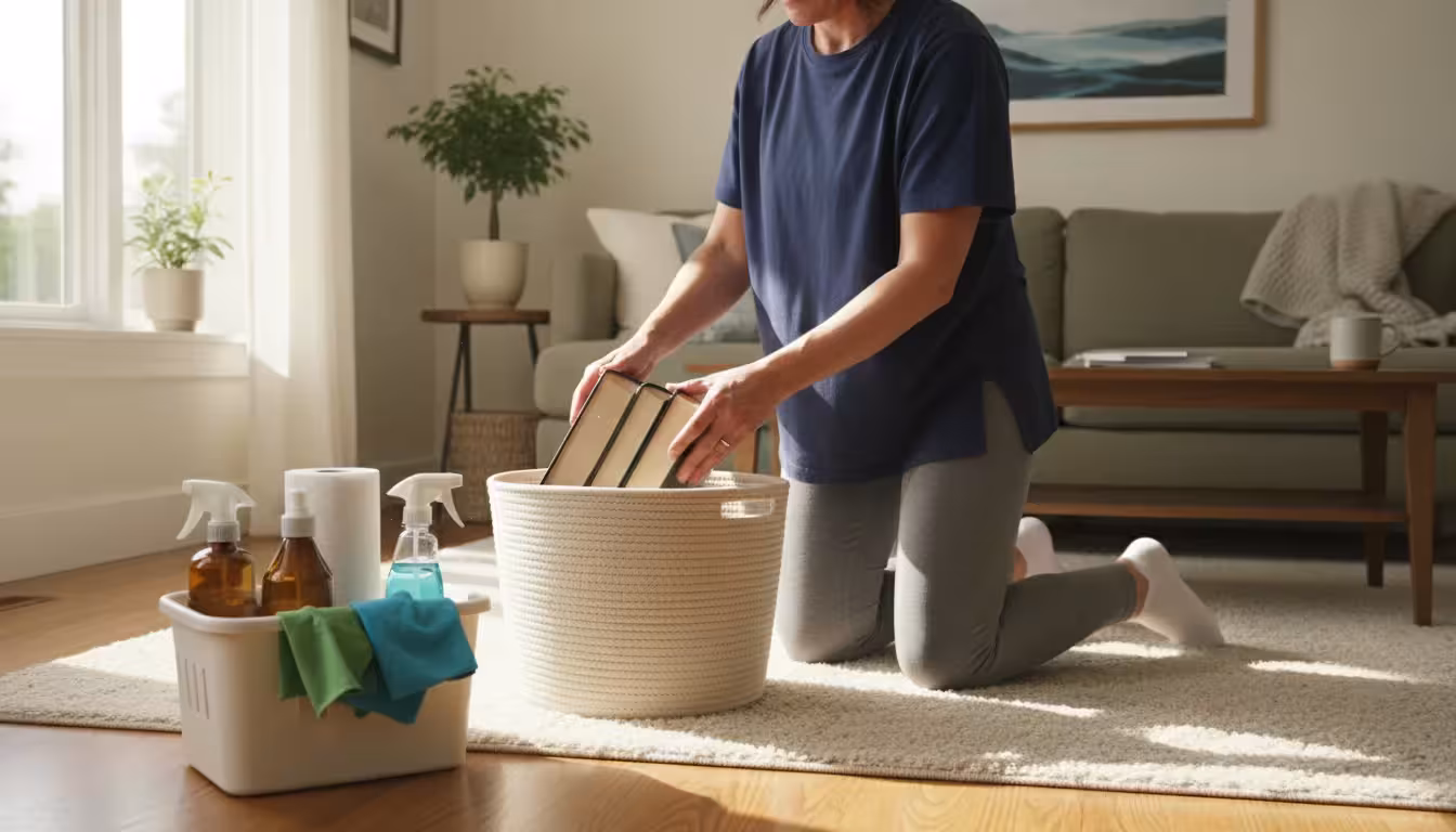 A person quickly places books into a laundry basket on a living room floor, with a cleaning caddy nearby.
