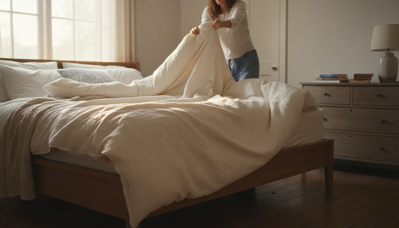 Person quickly pulling up a soft duvet on a bed in a sunlit, cozy bedroom, demonstrating efficient bed making.