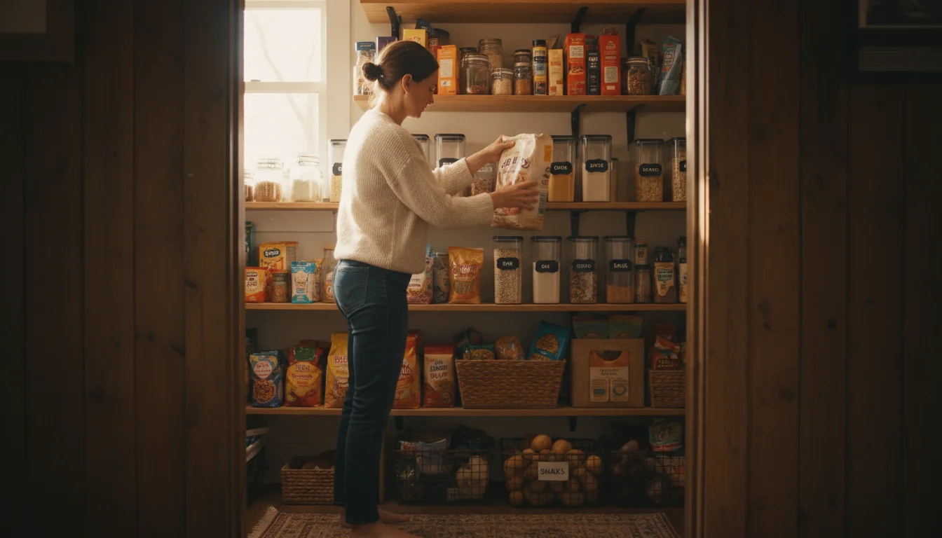 Person quickly re-shelving items into a functional, well-lit home pantry, illustrating routine maintenance and simple daily habits.