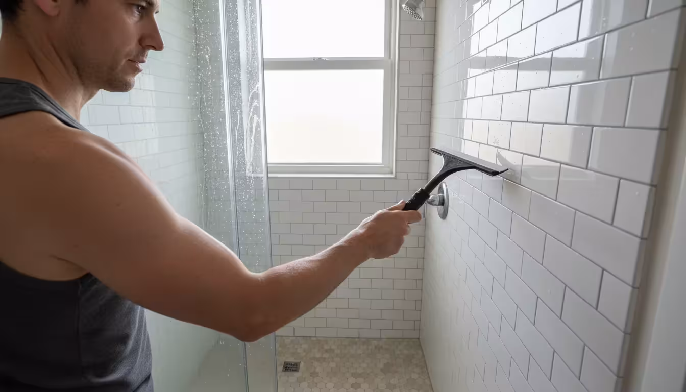 A person quickly squeegeeing water off light-colored tiles in a clean, functional bathroom shower after use.