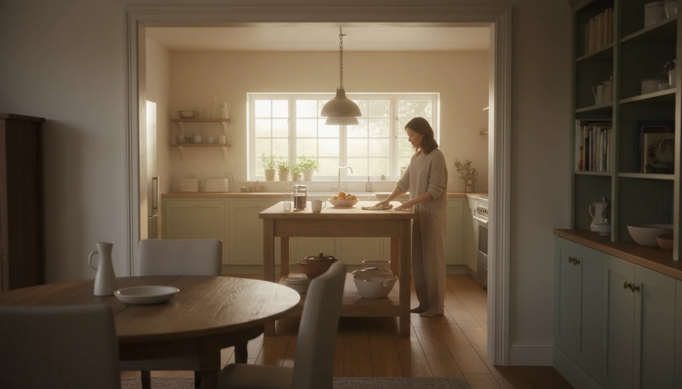 Person quickly wipes kitchen island in a naturally lit, tidy kitchen, viewed from an adjacent room.