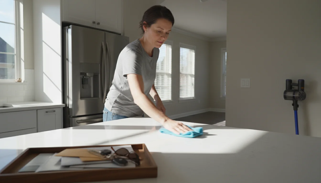 Person quickly wiping a kitchen counter in a sunlit home, a stick vacuum visible in the background, signifying a fast weekly tidy-up.