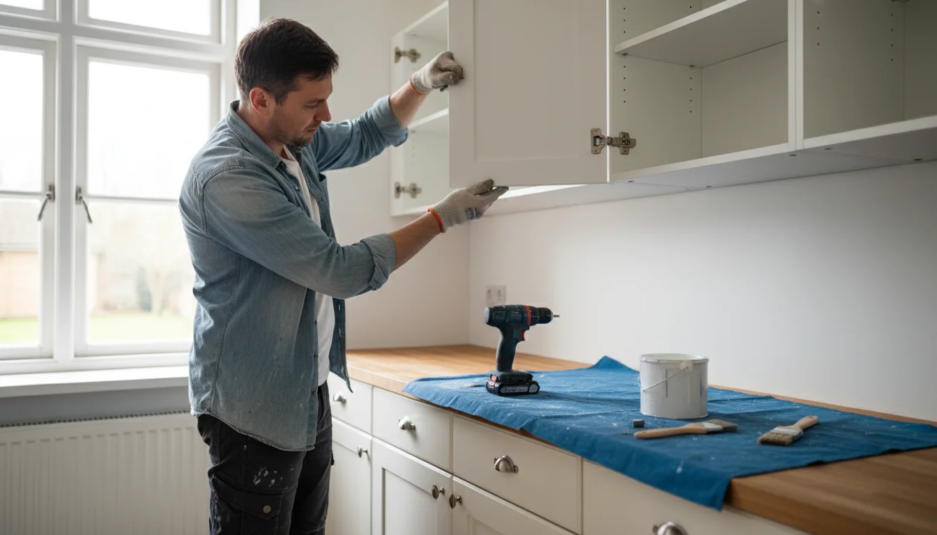Person carefully re-hanging a freshly painted white kitchen cabinet door, aligning hinges in a brightly lit kitchen.