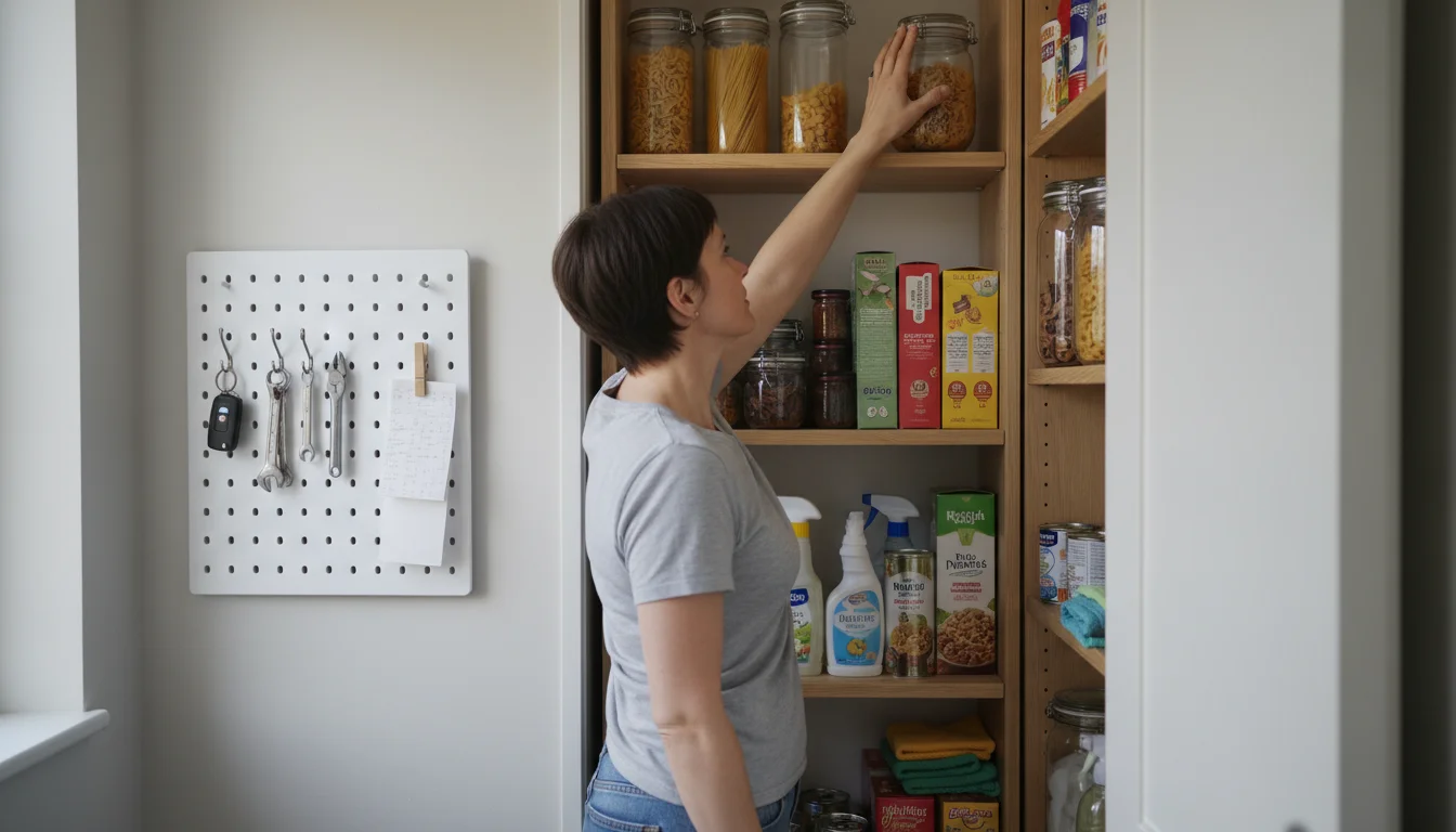 Person reaching for container on narrow vertical shelving in a compact kitchen nook with a pegboard.