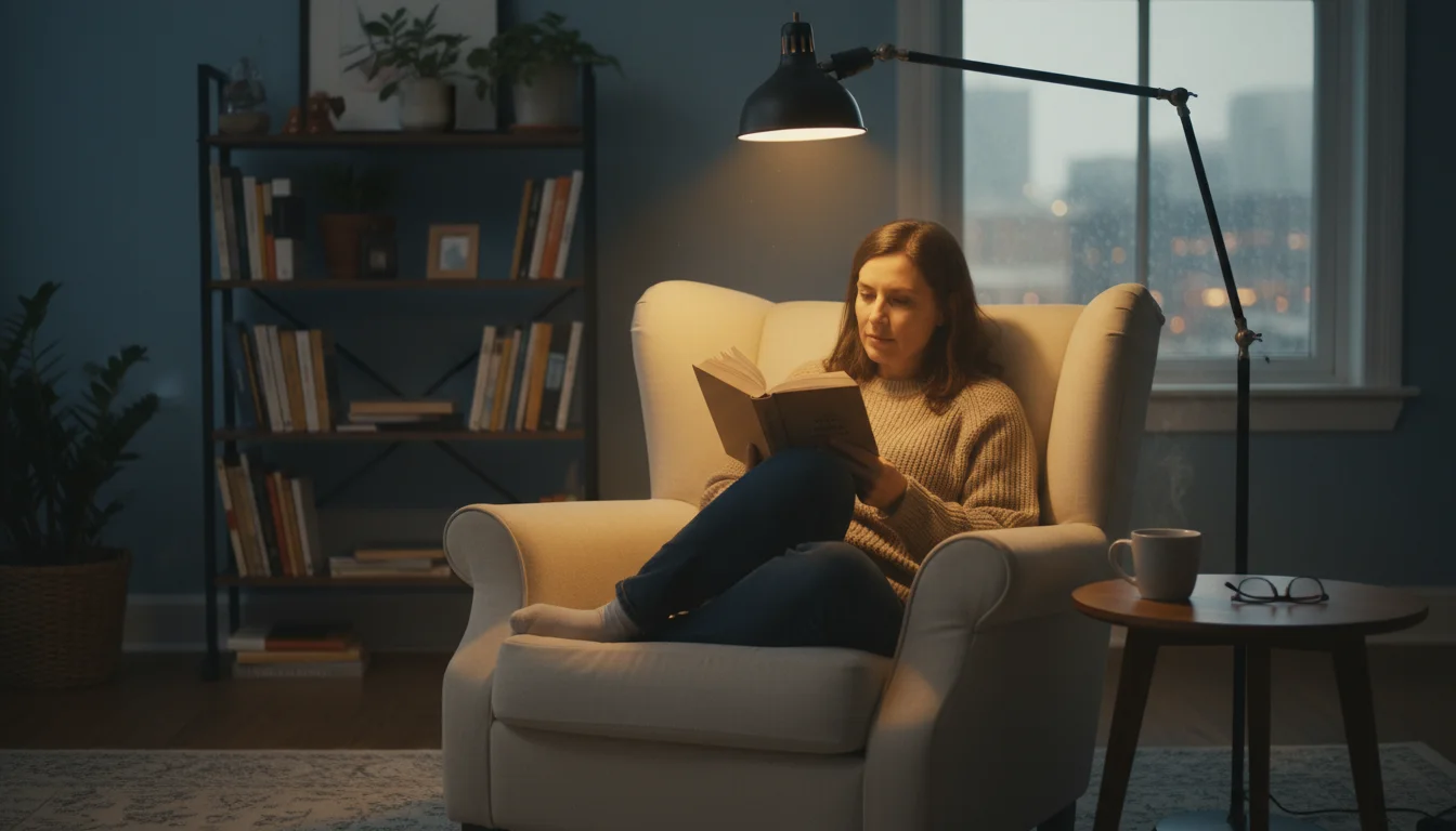 Person reading a book in a comfortable armchair, illuminated by a warm, adjustable floor lamp and a soft glow from a table lamp. Twilight visible outs