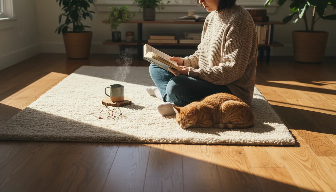 Person reading a book on a cream-colored shaggy rug over wide-plank oak hardwood floors in a sunlit room.