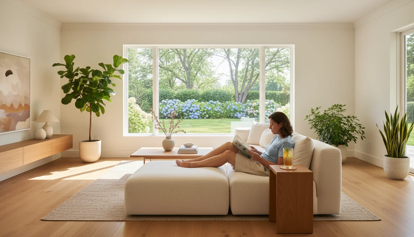 Person reading a book on a sofa in a sunlit, comfortable living room with a view of a lush green summer garden.