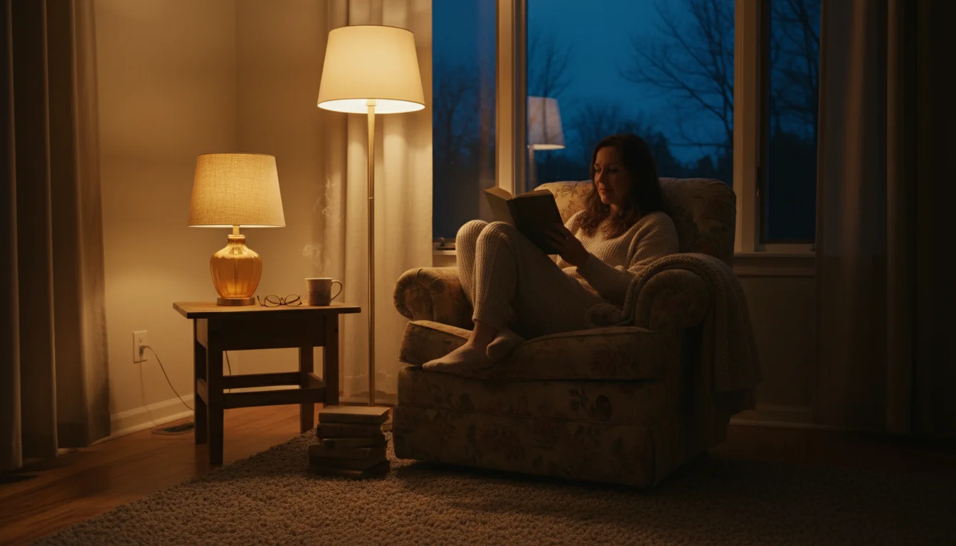Person reading in a cozy living room corner, illuminated by the warm, layered glow of a floor lamp, table lamp, and subtle string lights.