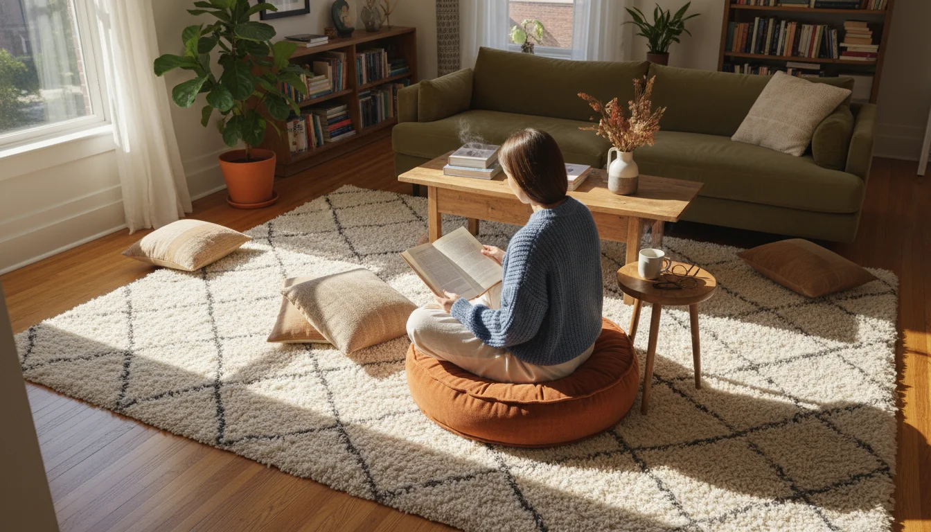 Elevated shot of a person reading on a large, thick cream area rug in a sunlit living room with hardwood floors, a coffee table, and plant.