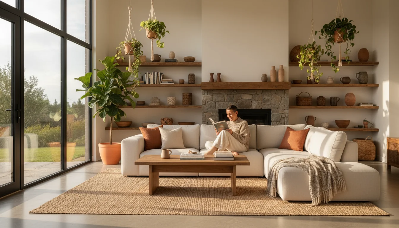 A person reads a book curled up on a sun-drenched sofa in a cozy, plant-filled living room, looking peaceful and content.