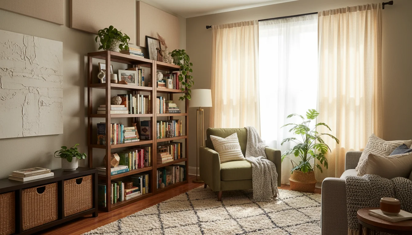 A person reads comfortably in a green upholstered armchair, placed against a wall next to a tall, book-filled wooden shelf, demonstrating strategic fu