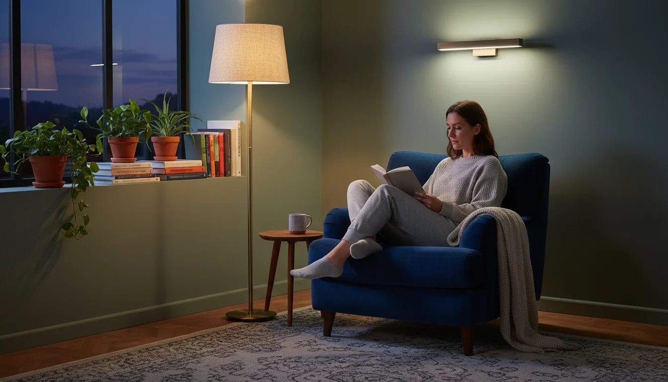 A person reads under a warm white floor lamp in a living room, while a neutral white light illuminates background plants and books.