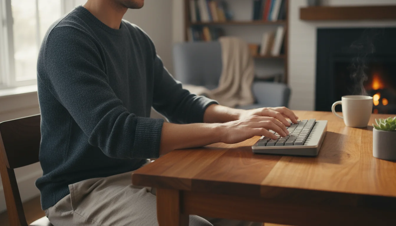A person with relaxed shoulders and 90-degree elbows types on a flat keyboard with straight, floating wrists in a cozy, sunlit home office.