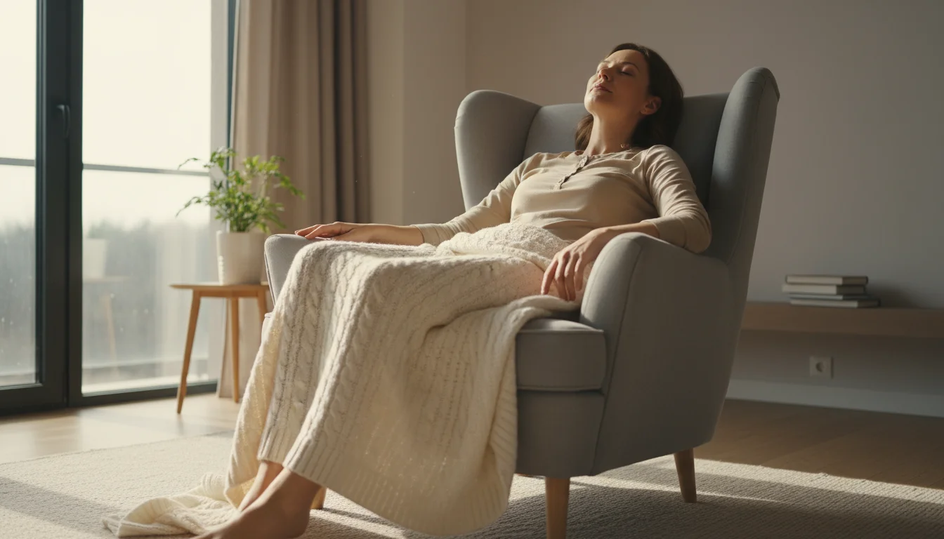 A person relaxes contemplatively in a cozy armchair, bathed in warm sunlight, with a mug on a side table.